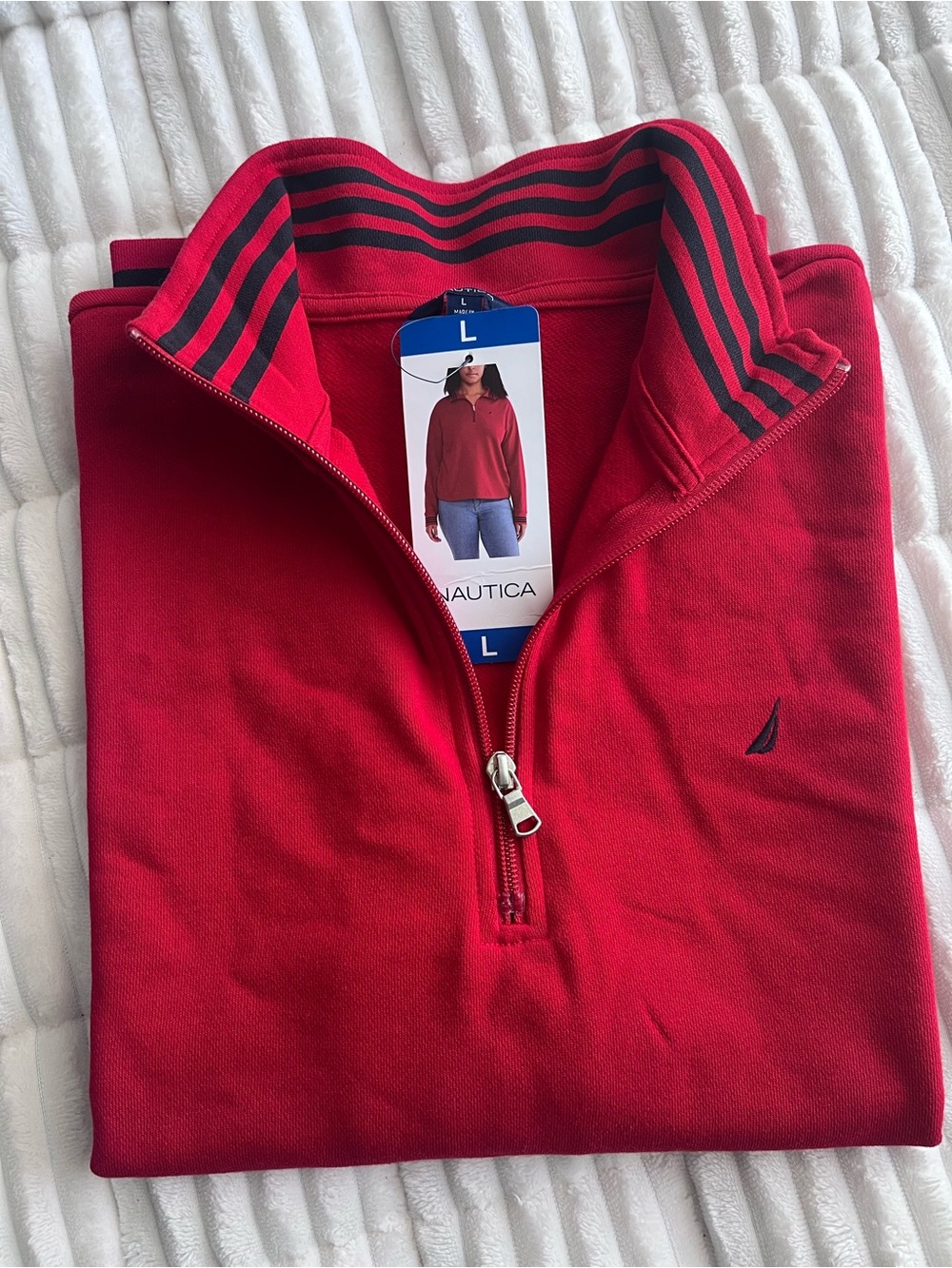 Women’s Nautica Red  Pullover with Striped Collar